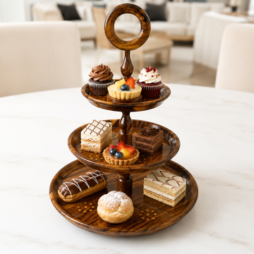 3-Tier Wooden Serving Tray with Ring Handle | Decorative Serving Stand