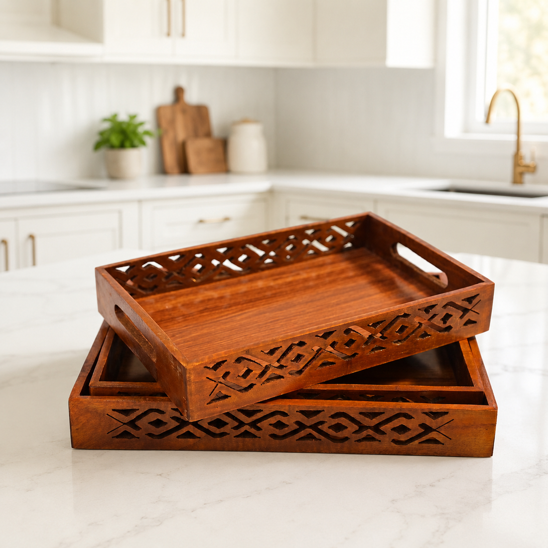 3-Piece Wooden Serving Tray Set with Carved Design & Handles