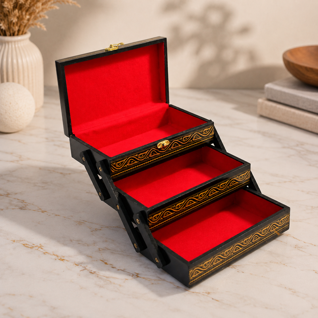 Handcrafted Wooden 3-Tier Jewelry & Storage Box – Black & Gold with Red Velvet Interior