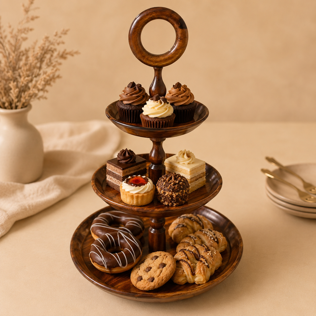 3-Tier Wooden Serving Tray with Ring Handle | Decorative Serving Stand