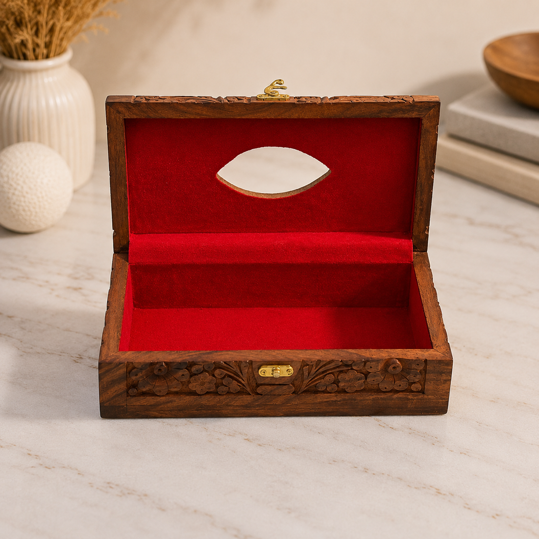 Handcrafted Wooden Tissue Box Cover – Intricate Floral Carved Design
