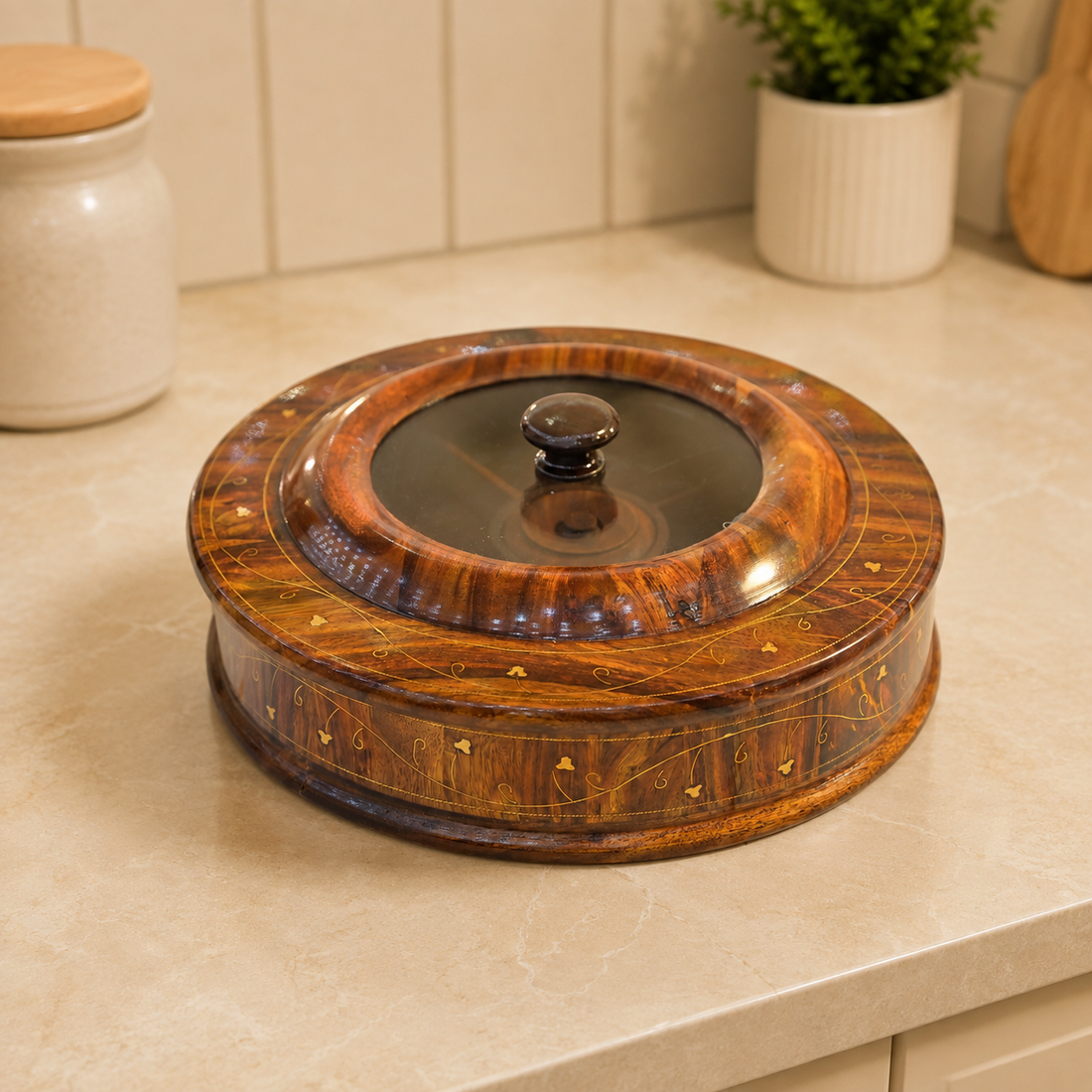 Wooden Dry Fruit Organizer with Compartments & Decorative Lid