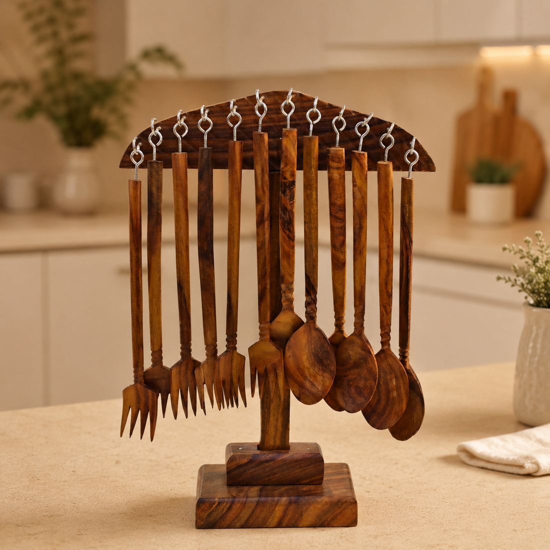Wooden Kitchen Utensil Stand with Spoons & Forks