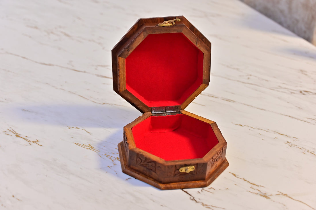 Handcrafted Hexagon Wooden Storage Box – Carved Floral Design