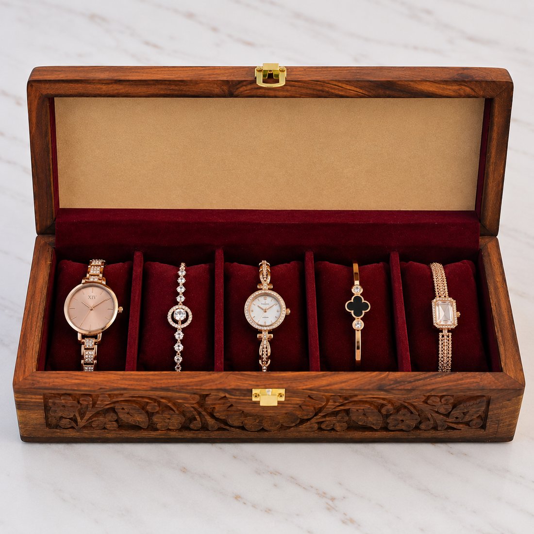 Handcrafted Wooden Watch Box with 6 Velvet-Lined Compartments