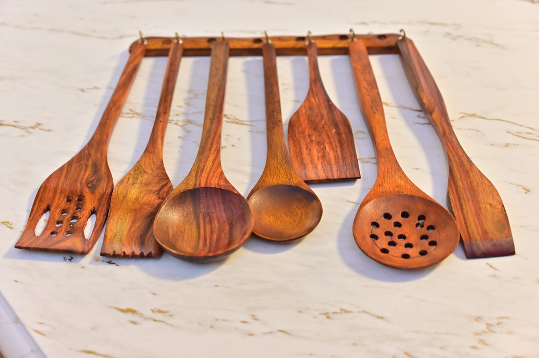 Wooden Kitchen Utensil Set with Hanging Rack – Cooking Tools