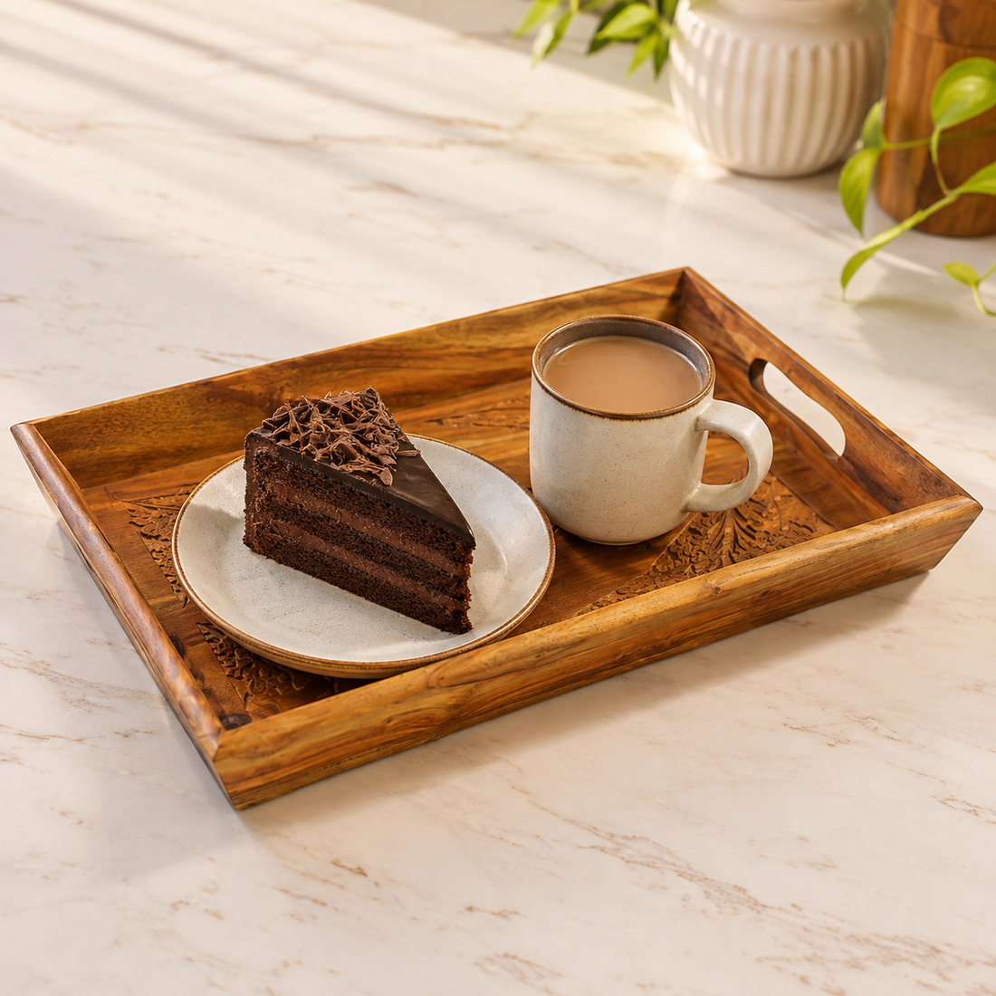Handcrafted Wooden Serving Tray with Carved Floral Design