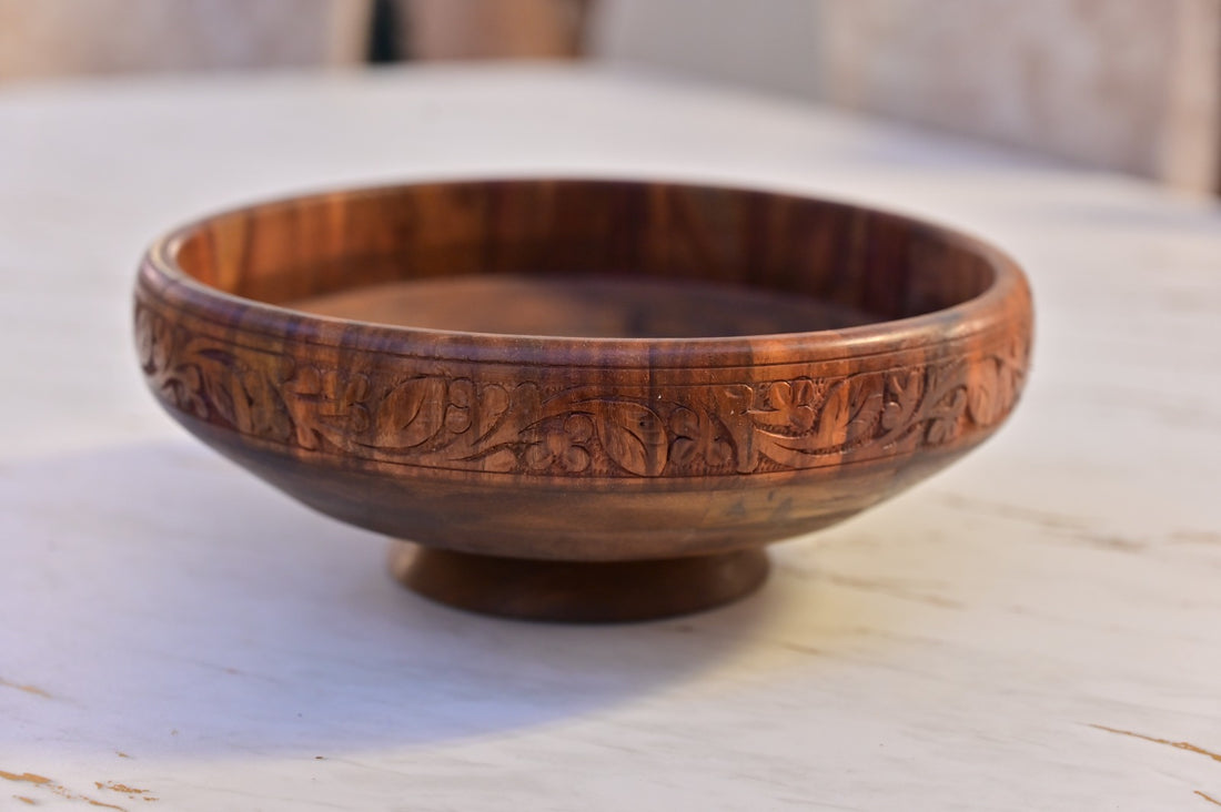 Carved Wooden Serving Bowl with Floral Design