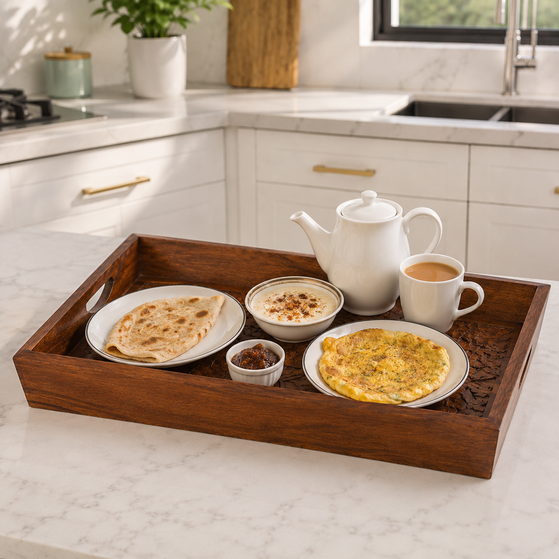 3-Piece Wooden Serving Tray Set with Carved Floral Design