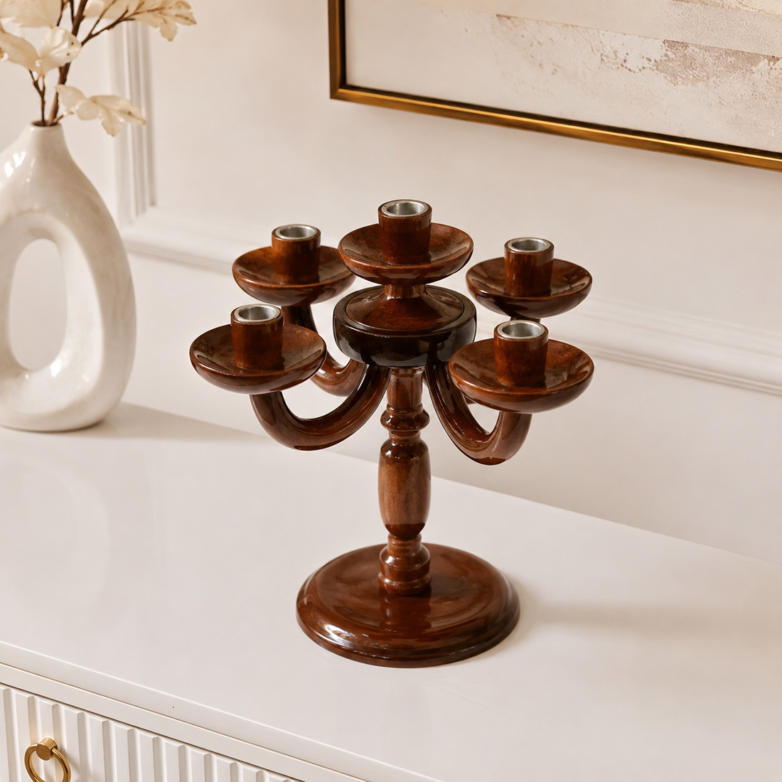 Wooden Candle Holder Stand – 5 Arm Decorative Candle Stand