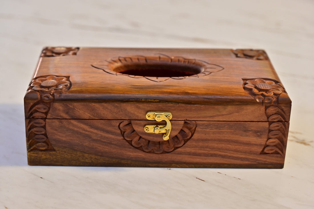 Handcrafted Wooden Tissue Box Cover with Carved Floral Design