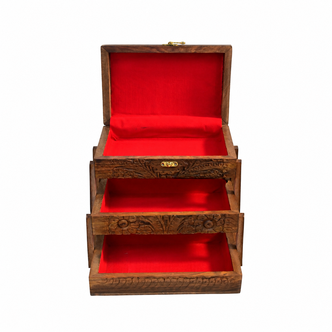 Handcrafted Wooden 3-Tier Jewelry Storage Box with Velvet Interior