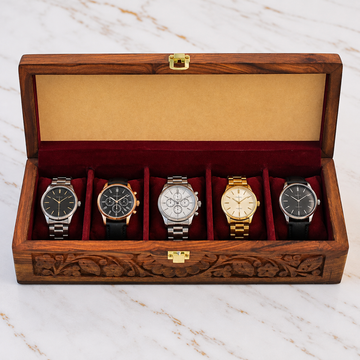 Handcrafted Wooden Watch Box with 6 Velvet-Lined Compartments
