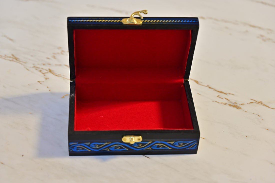 Wooden Jewelry Box with Red Velvet Interior & Decorative Design