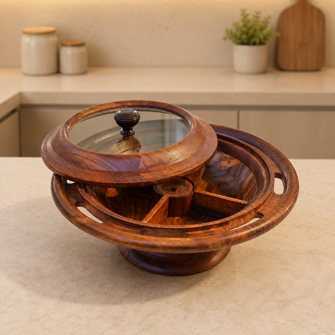 Wooden Dry Fruit Organizer with Compartments & Glass Lid