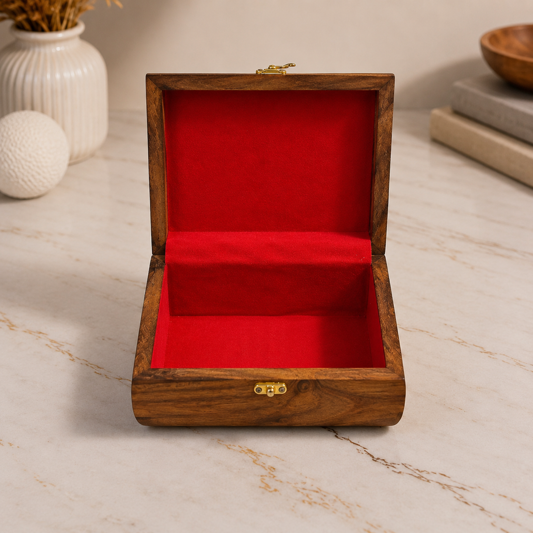 Handcrafted Wooden Organizer Box with Red Velvet Interior