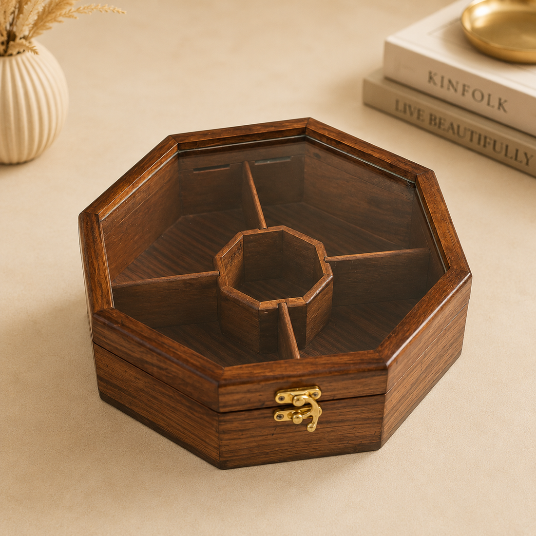 Handcrafted Wooden Dry Fruit Box – Hexagon Shape with Multiple Compartments