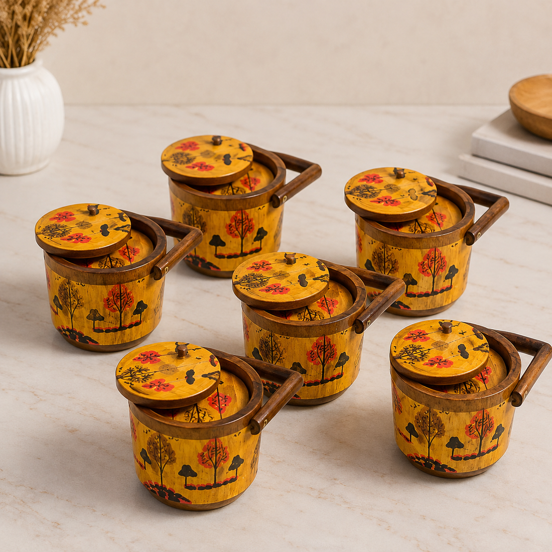 6-Piece Hand-Painted Wooden Tea Mate Set with Lid & Handle